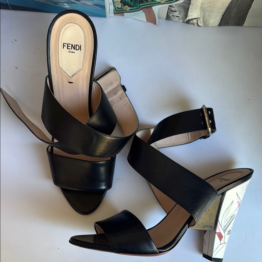 Fendi Black Heels with cream graphic  Block Heel